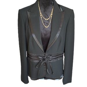 J.Taylor black satin trim‎ collar and hem. Eye hook and ribbon closure. Size 14